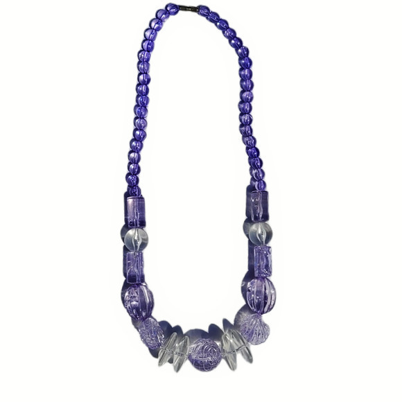 Vintage 70s Purple Clear Chunky Beaded Statement Necklace Barrel‎ Clasp - Picture 1 of 5